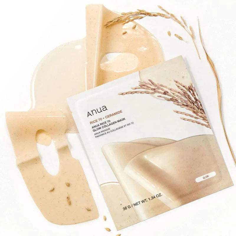 Hidrogela maska mirdzuma piešķiršanai ādai ar sastāvā iekļautiem rīsiem Anua Rice 70 Glow Collagen Mask