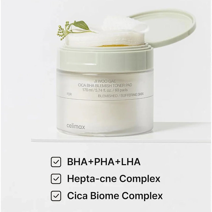 Pīlinga spilventiņi iekaisumu novēršanai problemātiskai ādai Celimax Ji Woo Gae Cica BHA Blemish Toner Pad